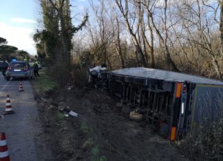 Mezzo pesante carico di legname uscito di strada all’altezza di Punte Alberete | FOTO