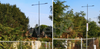 Ancisi (LpRa): Pali della luce esorbitanti sulle antiche mura di San Vitale